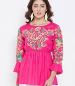 Sethi Daughters Women Fuschia Color Floral Embroidered Elastic Waist Rayon Tunic