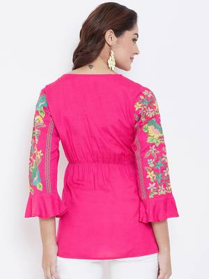 Sethi Daughters Women Fuschia Color Floral Embroidered Elastic Waist Rayon Tunic 2