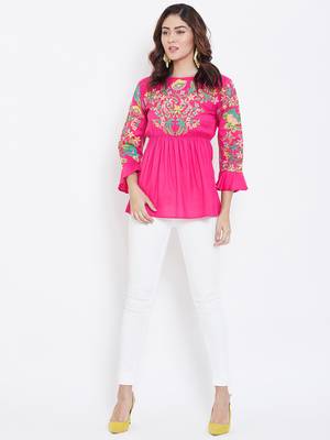 Sethi Daughters Women Fuschia Color Floral Embroidered Elastic Waist Rayon Tunic 3