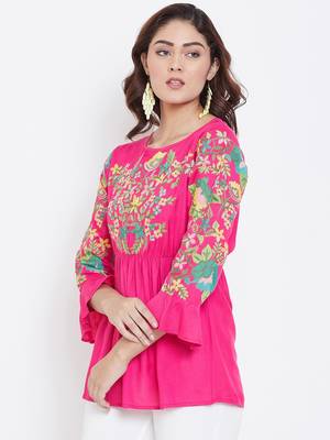 Sethi Daughters Women Fuschia Color Floral Embroidered Elastic Waist Rayon Tunic 4