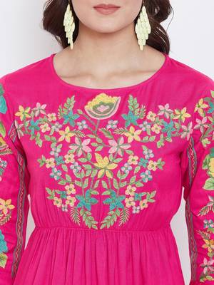Sethi Daughters Women Fuschia Color Floral Embroidered Elastic Waist Rayon Tunic 5