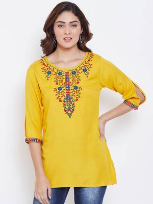 Sethi Daughters Women Mustard Color Floral Embroidered Rayon Tunic 1