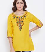 Sethi Daughters Women Mustard Color Floral Embroidered Rayon Tunic