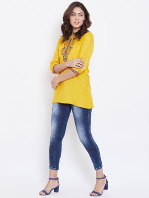Sethi Daughters Women Mustard Color Floral Embroidered Rayon Tunic 3