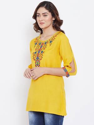 Sethi Daughters Women Mustard Color Floral Embroidered Rayon Tunic 4