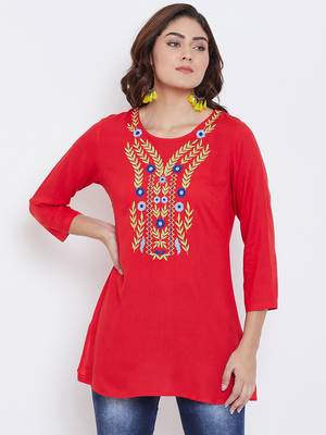 Sethi Daughters Women Red Color Floral Embroidered Rayon Tunic 1