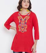 Sethi Daughters Women Red Color Floral Embroidered Rayon Tunic