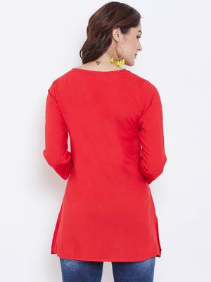Sethi Daughters Women Red Color Floral Embroidered Rayon Tunic 2