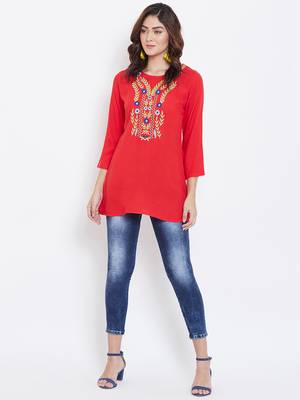 Sethi Daughters Women Red Color Floral Embroidered Rayon Tunic 3