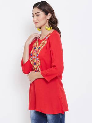Sethi Daughters Women Red Color Floral Embroidered Rayon Tunic 4
