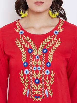 Sethi Daughters Women Red Color Floral Embroidered Rayon Tunic 5