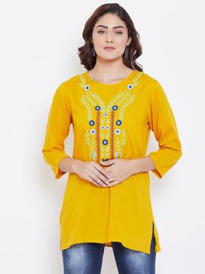 Sethi Daughters Women Mustard Color Floral Embroidered Rayon Tunic 1