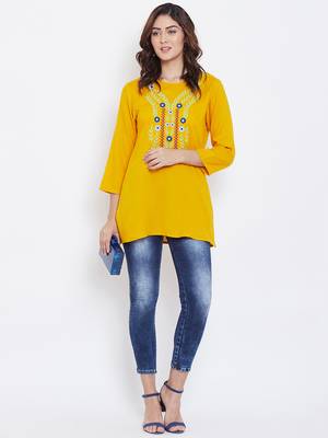Sethi Daughters Women Mustard Color Floral Embroidered Rayon Tunic 3