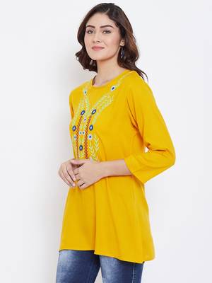 Sethi Daughters Women Mustard Color Floral Embroidered Rayon Tunic 4