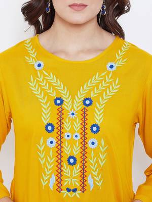 Sethi Daughters Women Mustard Color Floral Embroidered Rayon Tunic 5