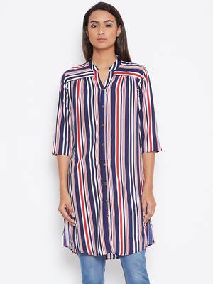 Sethi Daughters Women Navy Blue Shirt Style Stripe Printed Crepe Long Tunic 1