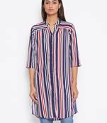 Sethi Daughters Women Navy Blue Shirt Style Stripe Printed Crepe Long Tunic