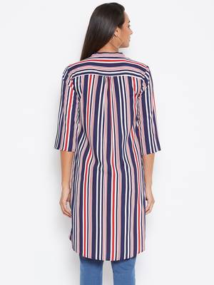Sethi Daughters Women Navy Blue Shirt Style Stripe Printed Crepe Long Tunic 2