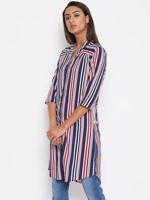 Sethi Daughters Women Navy Blue Shirt Style Stripe Printed Crepe Long Tunic 3