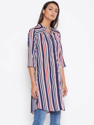 Sethi Daughters Women Navy Blue Shirt Style Stripe Printed Crepe Long Tunic 4