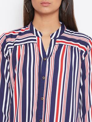 Sethi Daughters Women Navy Blue Shirt Style Stripe Printed Crepe Long Tunic 5