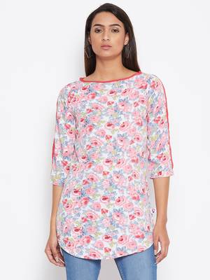 Sethi Daughters Women Pink Color Floral Printed Pink Piping Crepe Tunic 1