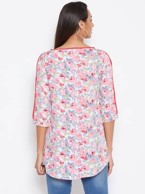 Sethi Daughters Women Pink Color Floral Printed Pink Piping Crepe Tunic 2