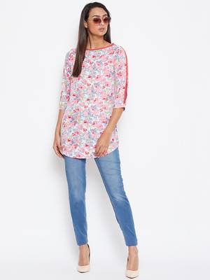 Sethi Daughters Women Pink Color Floral Printed Pink Piping Crepe Tunic 3