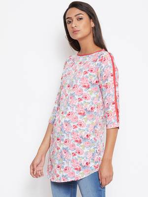 Sethi Daughters Women Pink Color Floral Printed Pink Piping Crepe Tunic 4
