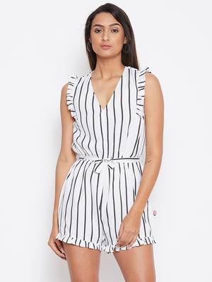 Sethi Daughters Women White Color Stripe Printed Crepe Romper 1