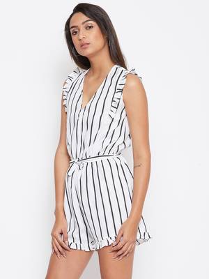 Sethi Daughters Women White Color Stripe Printed Crepe Romper 4