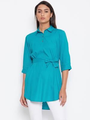 Sethi Daughters Women Turquoise Blue Color Plain Rayon Shirt Style Tunic 1