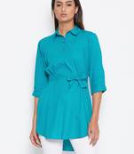 Sethi Daughters Women Turquoise Blue Color Plain Rayon Shirt Style Tunic