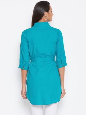 Sethi Daughters Women Turquoise Blue Color Plain Rayon Shirt Style Tunic 2