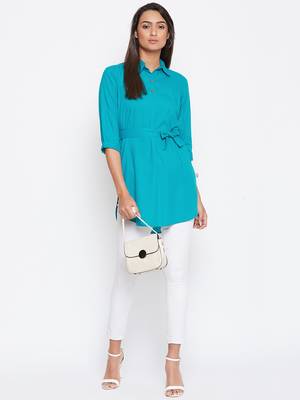 Sethi Daughters Women Turquoise Blue Color Plain Rayon Shirt Style Tunic 3