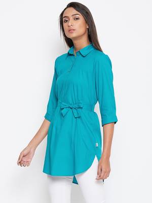 Sethi Daughters Women Turquoise Blue Color Plain Rayon Shirt Style Tunic 4