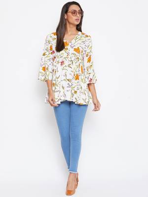 Sethi Daughters Women White and Multicolor Floral Printed Rayon Tunic 3