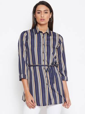 Sethi Daughters Women Navy Blue Color Stripe Printed waist tie up Shirt Style Tunic 1