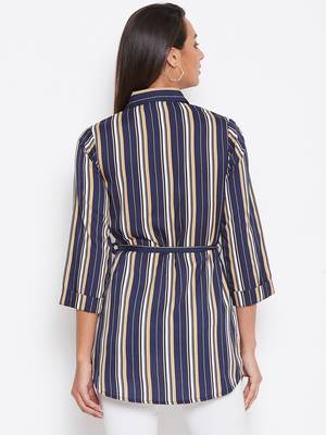 Sethi Daughters Women Navy Blue Color Stripe Printed waist tie up Shirt Style Tunic 2