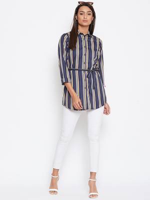 Sethi Daughters Women Navy Blue Color Stripe Printed waist tie up Shirt Style Tunic 3