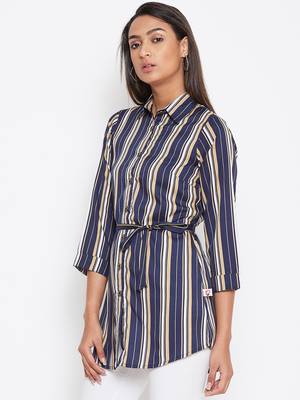 Sethi Daughters Women Navy Blue Color Stripe Printed waist tie up Shirt Style Tunic 4