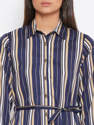 Sethi Daughters Women Navy Blue Color Stripe Printed waist tie up Shirt Style Tunic 5