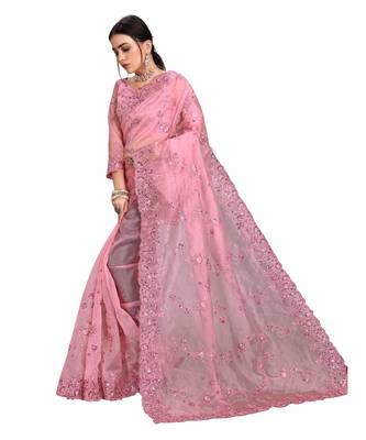 green Organza  saree with blouse piece 2
