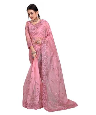 green Organza  saree with blouse piece 4