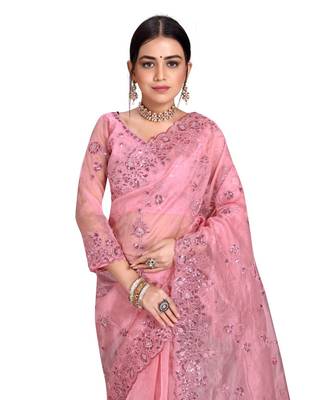 green Organza  saree with blouse piece 5