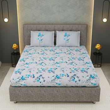 100% Cotton 240 TC King Size Bedsheet Filler Flower Leave Grey and Blue Color with 2 pillow cover / 9 Ft X 9 Ft 1