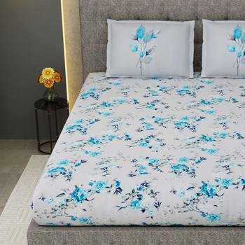 100% Cotton 240 TC King Size Bedsheet Filler Flower Leave Grey and Blue Color with 2 pillow cover / 9 Ft X 9 Ft 2