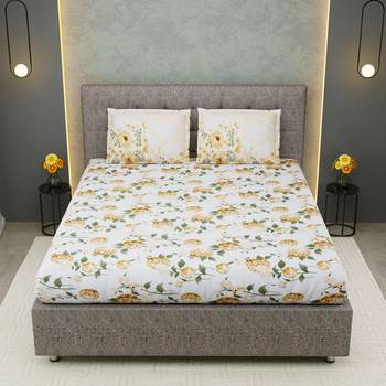 100% Cotton bedsheet for king size/double bed 240 TC Dahlia Floral Yellow Color with 2 pillow cover / 9 Ft X 9 Ft 1