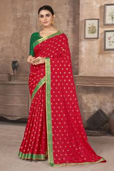 Red printed silk blend saree with blouse