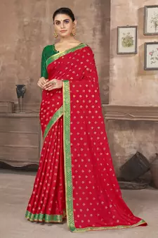 Red printed silk blend saree with blouse